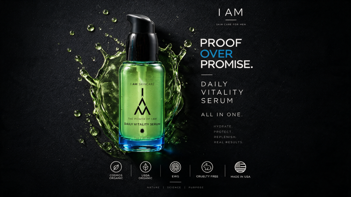 A bottle of I AM Daily Vitality Serum with a black pump and a green-tinted glass body, shown against a dark background with a green splash graphic and product text on the right.