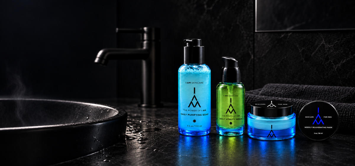 Three skincare bottles and a jar from The I AM Skin Care lined up on a dark countertop next to a sink, featuring blue and green products with black lids.