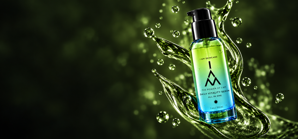 I AM Daily Vitality Serum surrounded by flowing green liquid against a dark background.